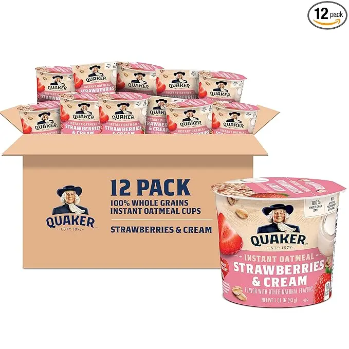 Quaker Strawberry & Cream Express Cups Instant Oatmeal, 12 Count - Fiber-Rich, Natural Ingredients, Ready in Minutes, Quick Breakfast for Busy Mornings