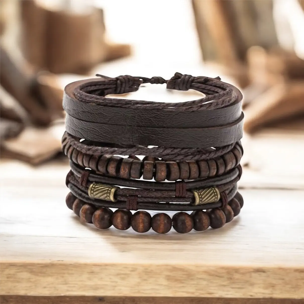 Wooden Beaded Men's Bracelet Set - Handcrafted Leather & Wood Beads for Stylish Men's Accessories
