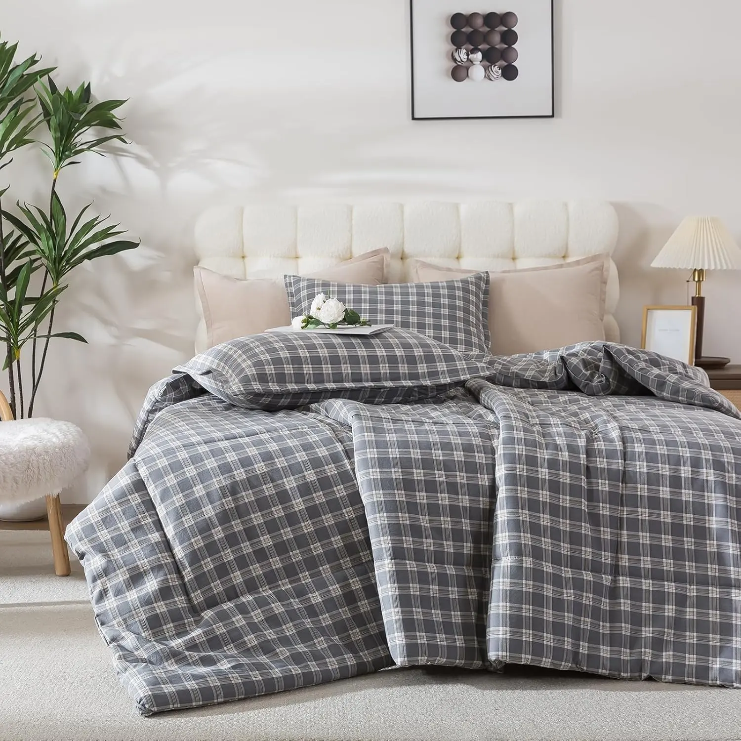 Gray Checkered Full Comforter Set, Plaid Gingham Bedding Set | 3 Pieces Buffalo Grid Comforter Bedding Set, Vintage Geometric Checkered Bedding with Pillowshams