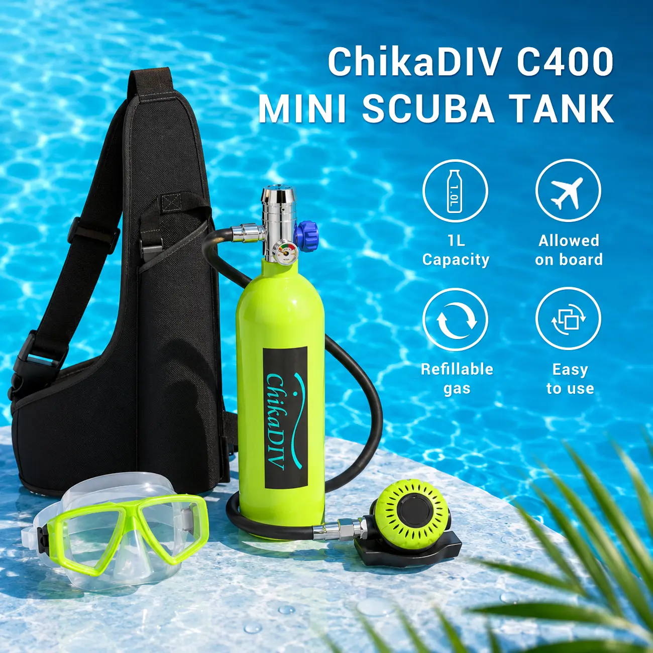 ChikaDIV 1L Mini Scuba Tank, Summer Travel Water Gear, Easy-to-Use Portable Refillable Diving Tank for Snorkeling, Pool Days, Beach Trips & Shallow Water Exploration