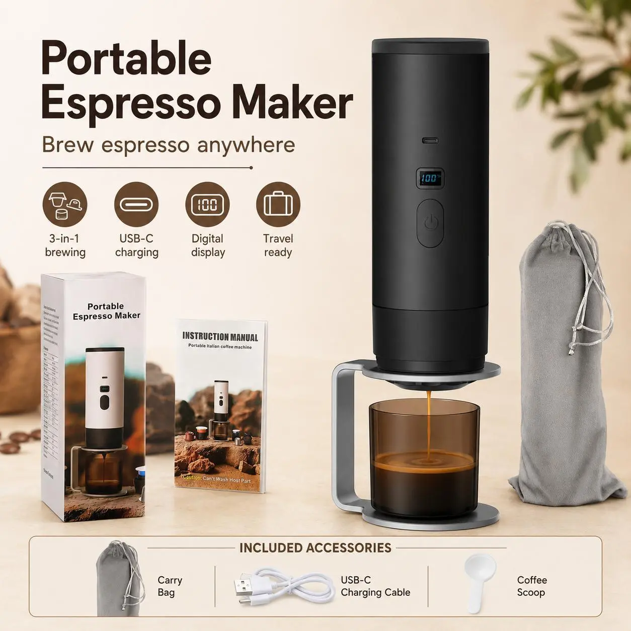 【BackToSchool】 Travel Espresso Machine - Mini Capsule Coffee Maker for Home & On-the-Go - Electric, Compact - Black & White Options