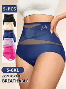 5 Pack Women High Waisted Compression Shapewear Panties | Butt Lifting Mesh Panel Briefs | Breathable S-6XL Plus Size | Comfortable Seamless Knickers High Waist Girdle Underwear | Invisible Tummy Control