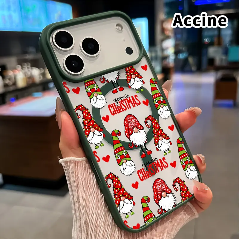 Magnetic Smartphone Case for iPhone 17 Pro Max,16 Plus,15,14,13,12,11,Air,E - Gnome Christmas Charm Pattern, Transparent Acrylic Back, TPU Edges, Drop-Proof, Lightweight Handheld Wireless Devices Protection Cover