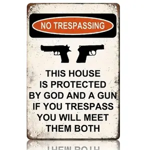 Funny No Trespassing Metal Sign 8x12 In | Subject to God & Guns Tin Plaque | Sarcastic Property Warning Signs for Farmhouse Gate, Garden, Porch Decor