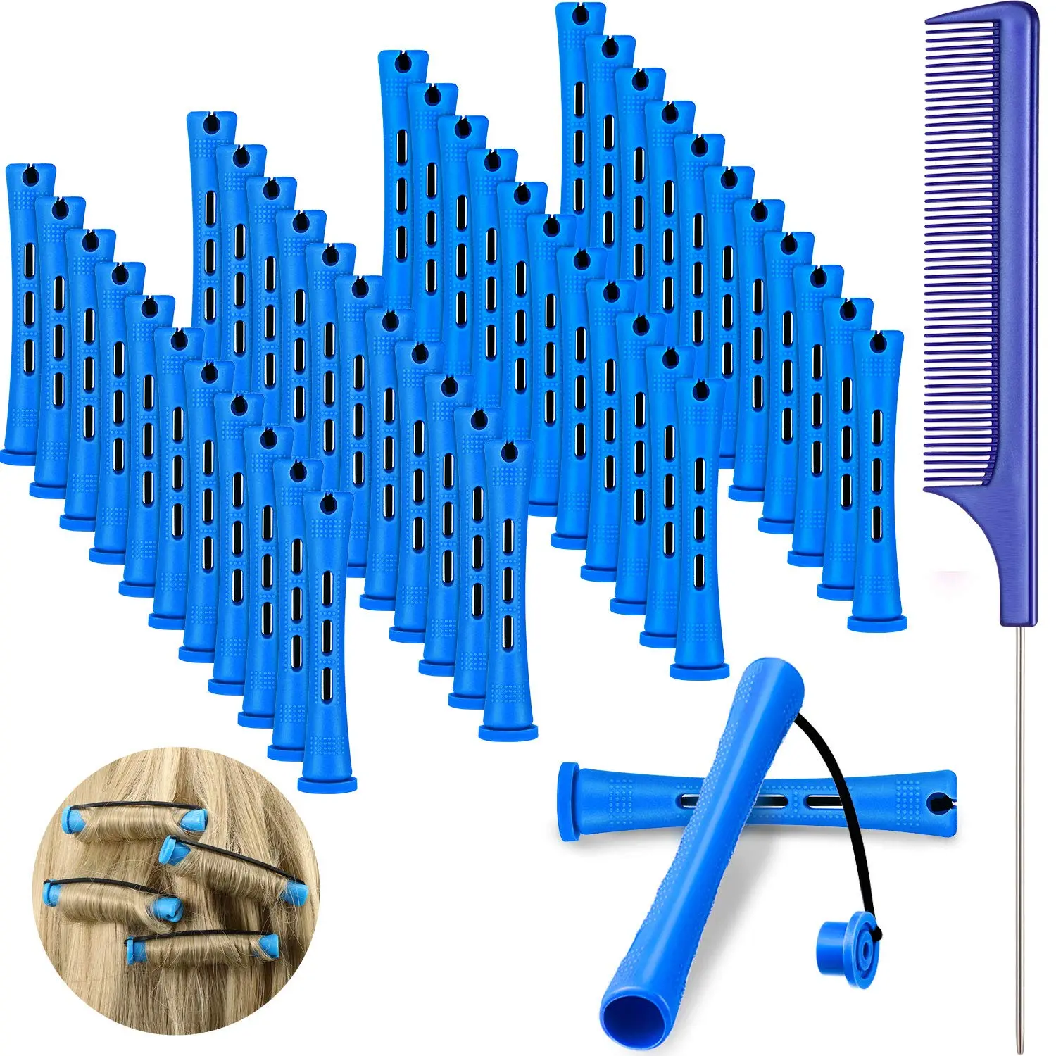 48 Pcs Heatless Perm Rods Kit for Short Hair, 0.35 in Blue & Dark Blue Cold Wave Plastic Rollers with Steel Comb, Durable Haircare Tool for Salon & Home Styling, Fluffy Curl Maker Ideal as a Gift