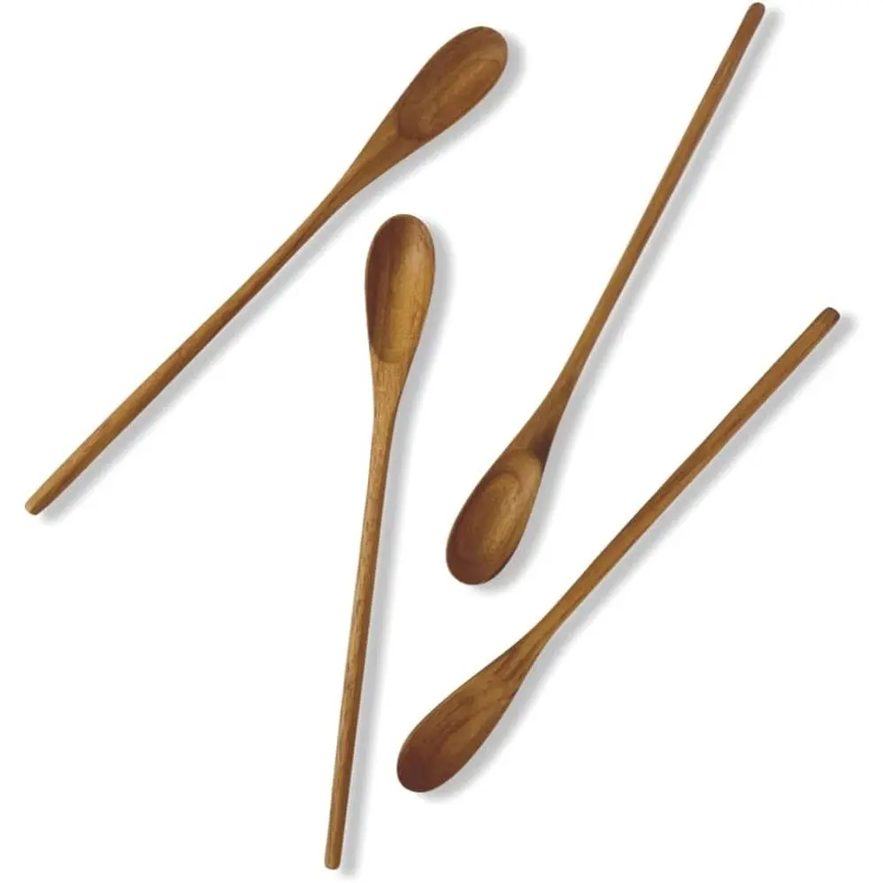 4 Pcs 9.5” Long Teak Spoon, Chef Testing Spoons, Handcrafted for Cocktail Stirring, Tea, Drip/French Press Coffee, Milkshake, Cold Drink Mixing