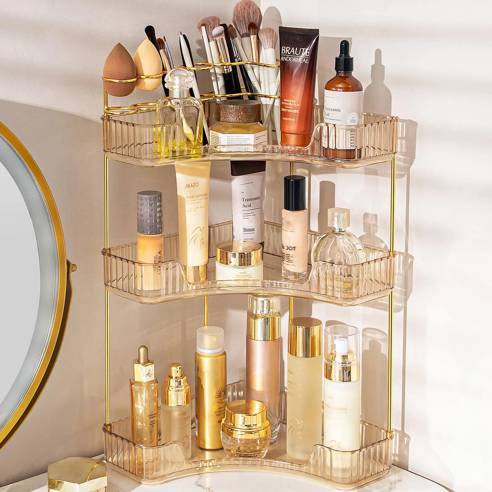 Corner Bathroom Counter Organizer, Vanity Trays for Bathroom, Skincare Makeup Organizer Shelf, Shelf Cosmetics, Toiletries, Lotions, Perfumes (3 Tiers, Amber)
