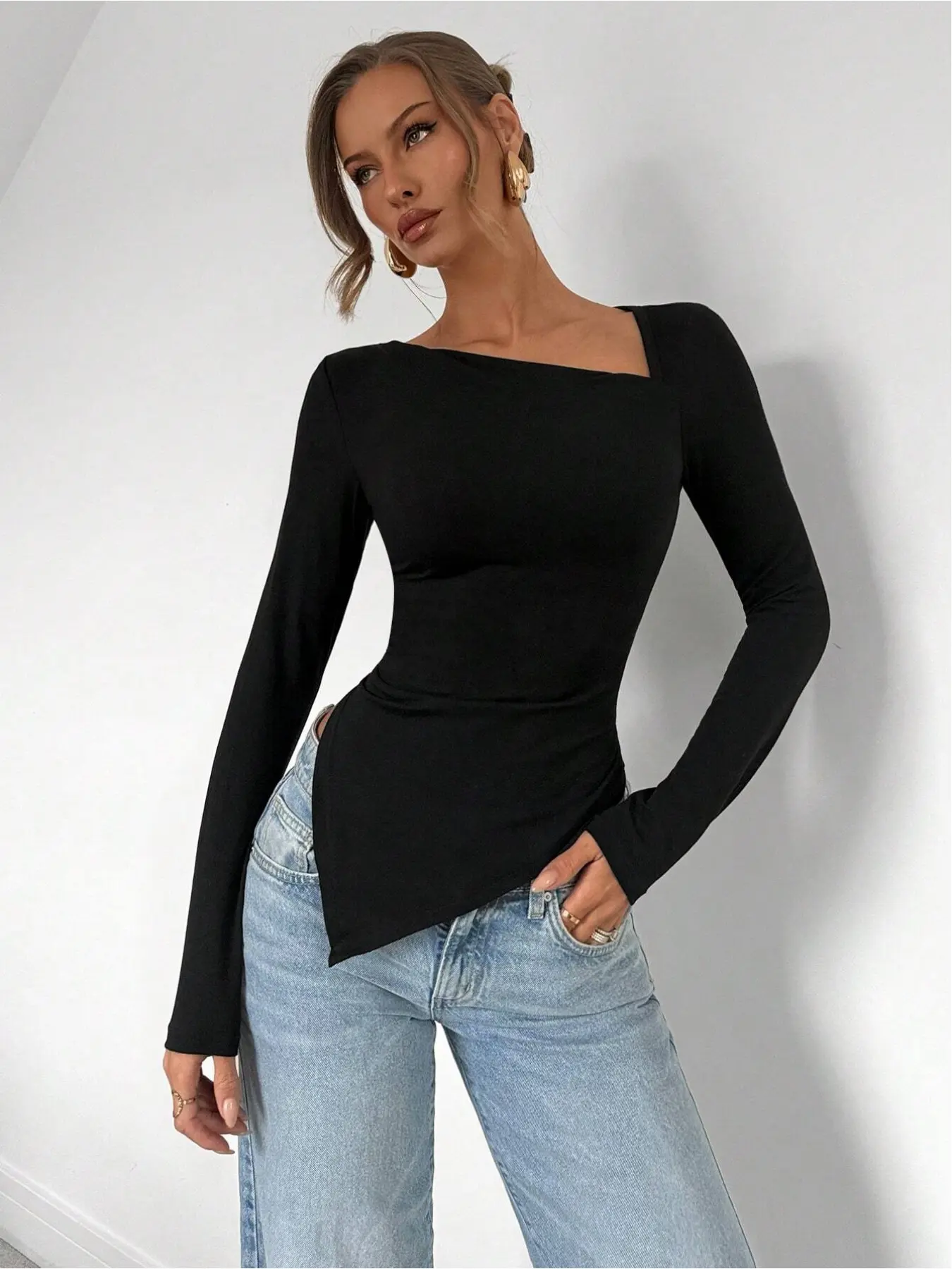 Asymmetric hem long-sleeve solid color Fitted Knit Asymmetrical T-shirt top, minimalist fashion, suitable for women's casual daily wear, Knitwear