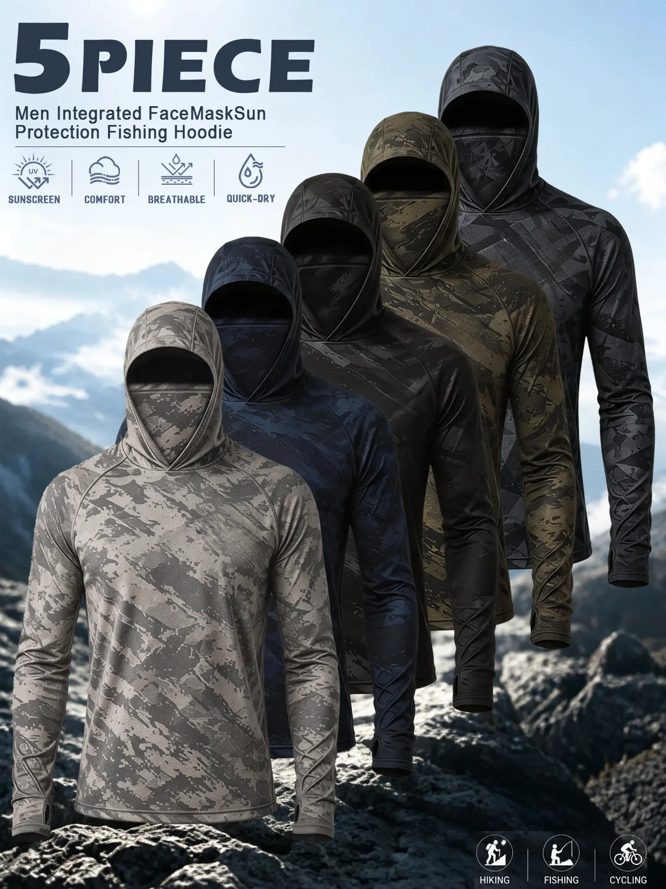 5-piece men's sports quick drying camouflage hooded sweatshirt, sun and dust resistant, suitable for outdoor fishing, camping, mountain climbing, cycling, running and fitness sports long sleeves