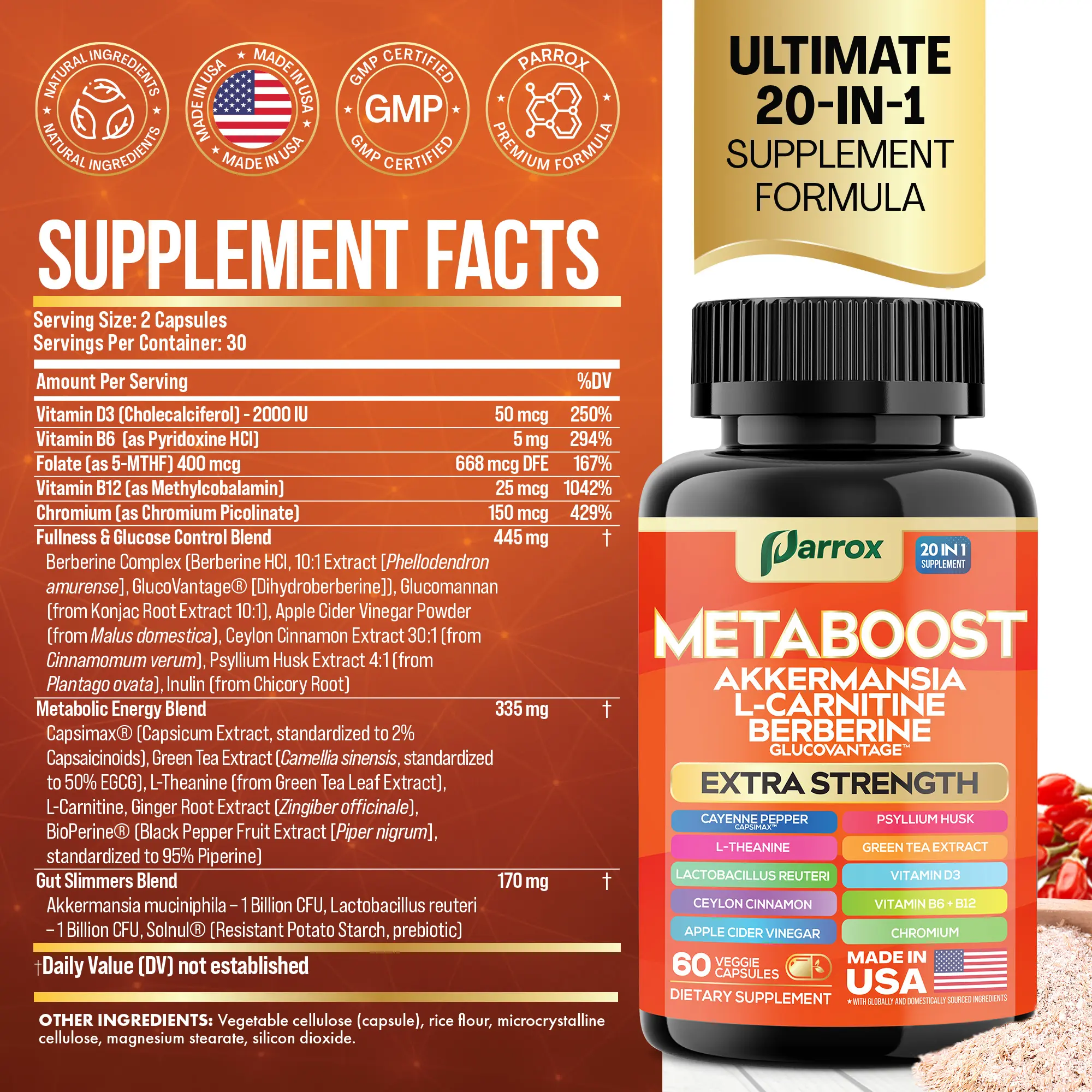 Parrox Metaboost - Natural Metabolism Supplement with Berberine, L-Carnitine, L-Theanine & 20+ Extra Strength Ingredients - Fitness, Balanced Gut, & Digestive Health - Made in USA