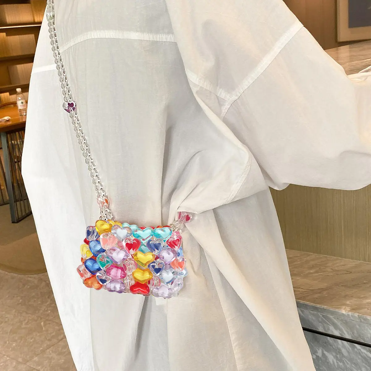 Women's Heart-Shaped Beaded Crossbody Handbag - Casual Acrylic Shoulder Beads Bag with Colorful Rainbow Pattern, Mini Purse for Festivals, Parties, Mini Purses, Acrylic Beads