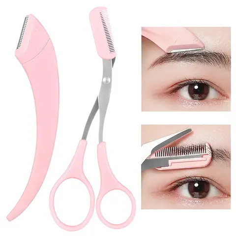 Unisex 2-Piece Eyebrow Grooming Kit - Stainless Steel Precision Trimmer, Curved Razor+Scissors, Scissors with Comb, All-Skin Friendly Durable Beauty Tool for Smooth Shaping & Hair Removal