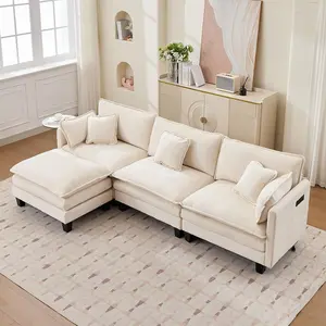 VOMENA 110" L-Shaped Sectional Sofa with Movable Ottoman, Oversized 3-Seater Deep Seat Chenille Cloud Couch with High-Resilience Foam Cushions for Living Room and Apartment