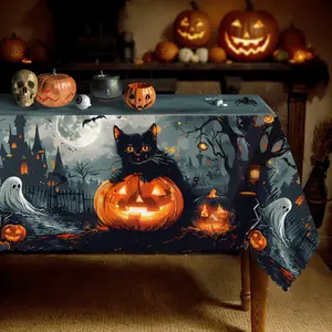 Gothic Black Spooky Cat Print Polyester Rectangle Tablecloth - Spooky Table Covers, Festive Table Covers, Easy-Clean Halloween Decor, Indoor-Outdoor Home & Outdoor Party Decorations