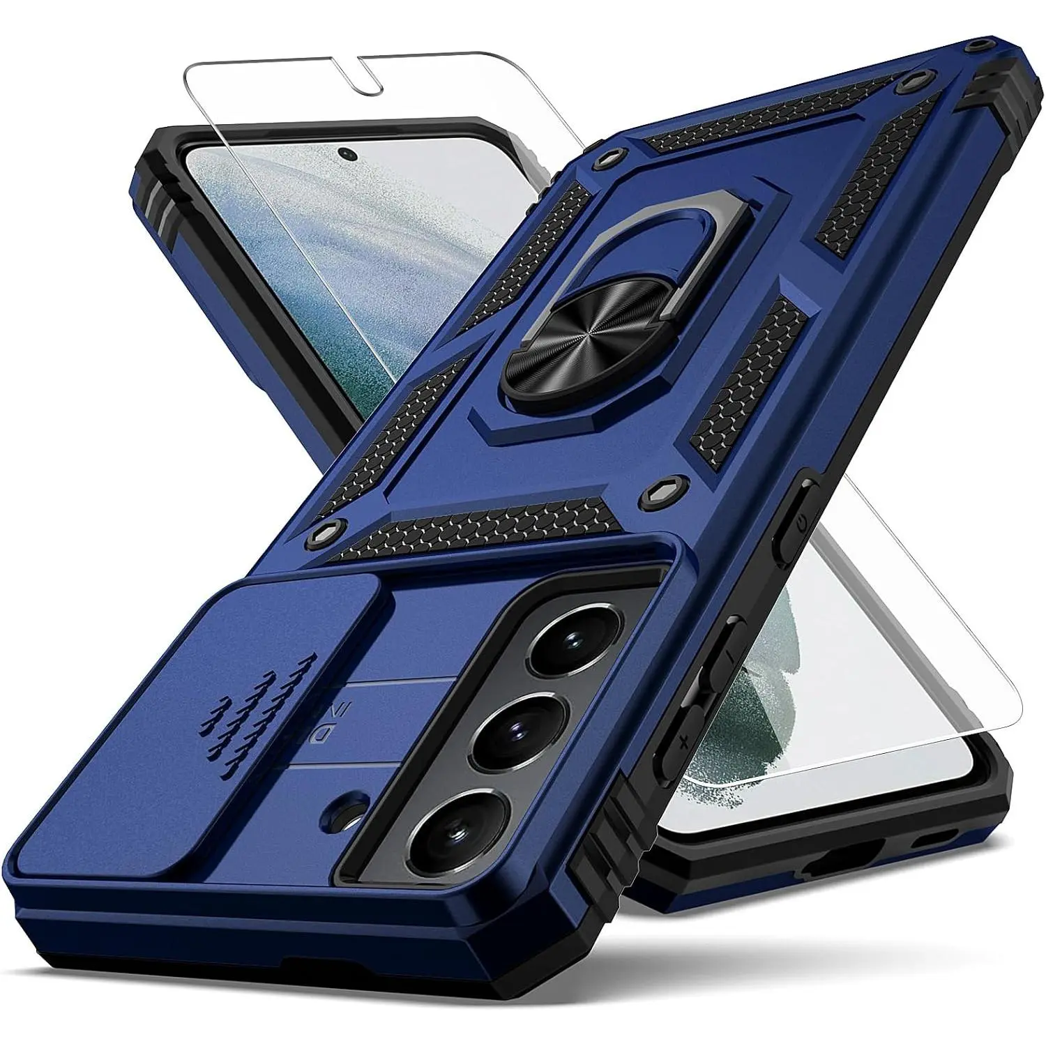 for Galaxy S21 Plus Case,with Slide Camera Cover HD Screen Protector,[Camera Protection] [Magnetic Rotate Kickstand] Military Grade Shockproof Heavy Duty Protective Case for Samsung S21 Plus, Blue