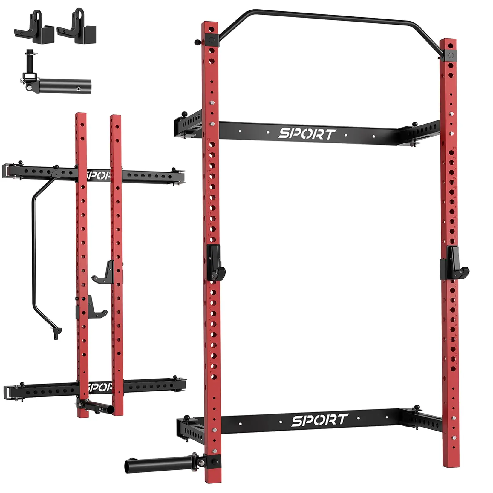 GARVEE Folding Squat Rack Home Exercise Equipment - 2.36"x2.36" Frame Squat Fitness Machine, Wall-Mounted Space-Saving Pull-Up Rack Weight Lifting, J Hooks, Landmine Attachments, 1000 LBS Capacity Strength Training Accessory