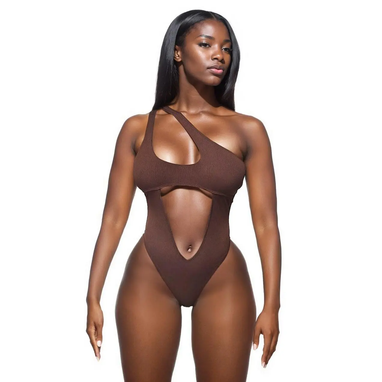 Women's Trendy Monokini Swimsuit - 1-Shoulder Starlit Design, Underboob Detail, Wide Cut-Out Front, Sports Surfing 1-Piece Swimwear