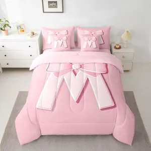 Pink Bowknot Bed Set,Decor Ultra Soft Personalized Initial M 7 Pieces Beeding Set,Girly Romantic Bed in a Bag with Comforter,Sheets,Pillowcases, Bedding Sets, Fitted Sheet
