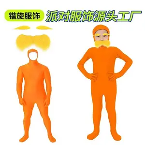 Orange costume with yellow beard and eyebrows; face exposed; orange jumpsuit for Halloween party.