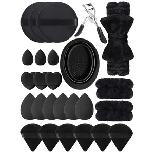 27Pcs Black Makeup tool Set,Reusable Large Clean Pads,Multi-Shape Beauty eggs,Finger Triangle Powder Puffs,Silicone Brush Cleaner Bowl,Eyelash Curler,Bow Fleece Headband & Hair Wrist Bands Complete Skincare Makeup Tool Kit for Beginners