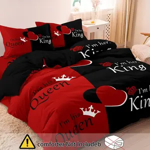 3-Piece Letter Heart Print Bedroom Bedding Set (1 Duvet Cover + 2 Pillowcases), No Filling , Comfortable and Durable, Home Essential