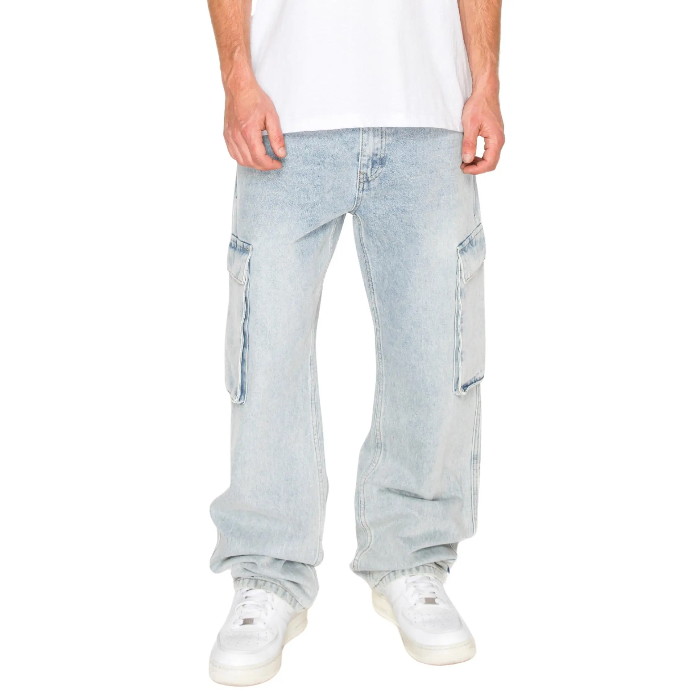 VICTORIOUS ANCHOR Men's Thick Heavy Denim Baggy Wide Leg Utility Style Cargo Jeans, Plain, Flap Closure Pockets, Cotton, Streetwear, Casual, Handles Daily Wear