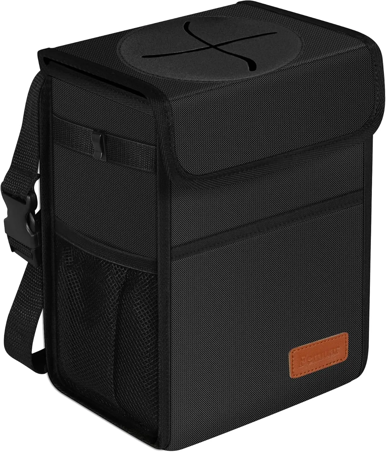 Car Trash Can - 2.25 Gal Soft Lid Odor-Sealing Leak-Proof Automotive Bin, 600D Fabric Stands Up to Daily Use, Collapsible Portable Black Car Storage Bag (9.25*5.25*10.75 In) with Thermal Insulation, Elastic Side Pockets, Hanging SUV Stowing Accessory
