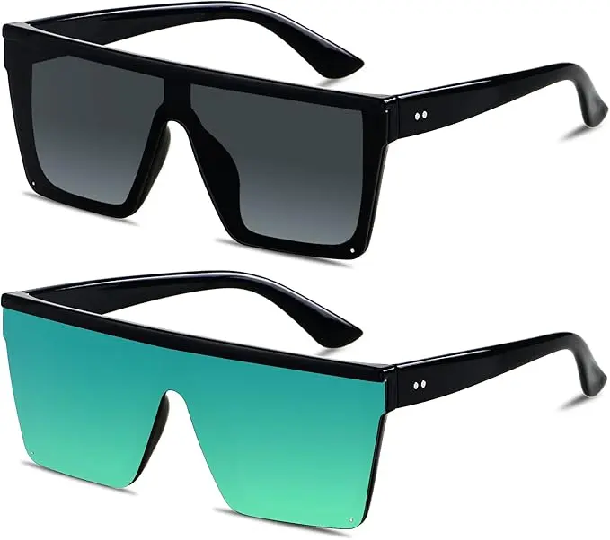 2 Pack Oversized Square Rimless Sunglasses – Fashionable Flat-Top Shield Shades for Men & Women with UV Protection