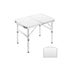 Small Folding Table 2FT Foldable Camping Table Portable Picnic Table Aluminum 2 Height Adjustable Outdoor Beach Card White 23.6×15.7 inch