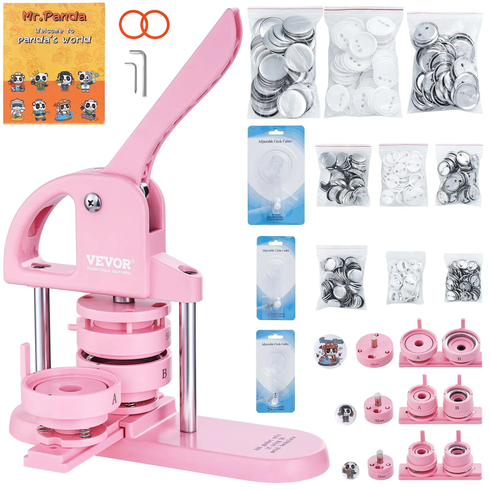 【summerfinds】VEVOR 3-IN-1 Button Maker, 1/1.25/2.28 inch(25/32/58mm) Pin Maker, 300pcs Button Parts,Button Maker Machine with Panda Magic Book,  Ergonomic Arc Handle Punch Press Kit, For Children DIY Gifts, Pink