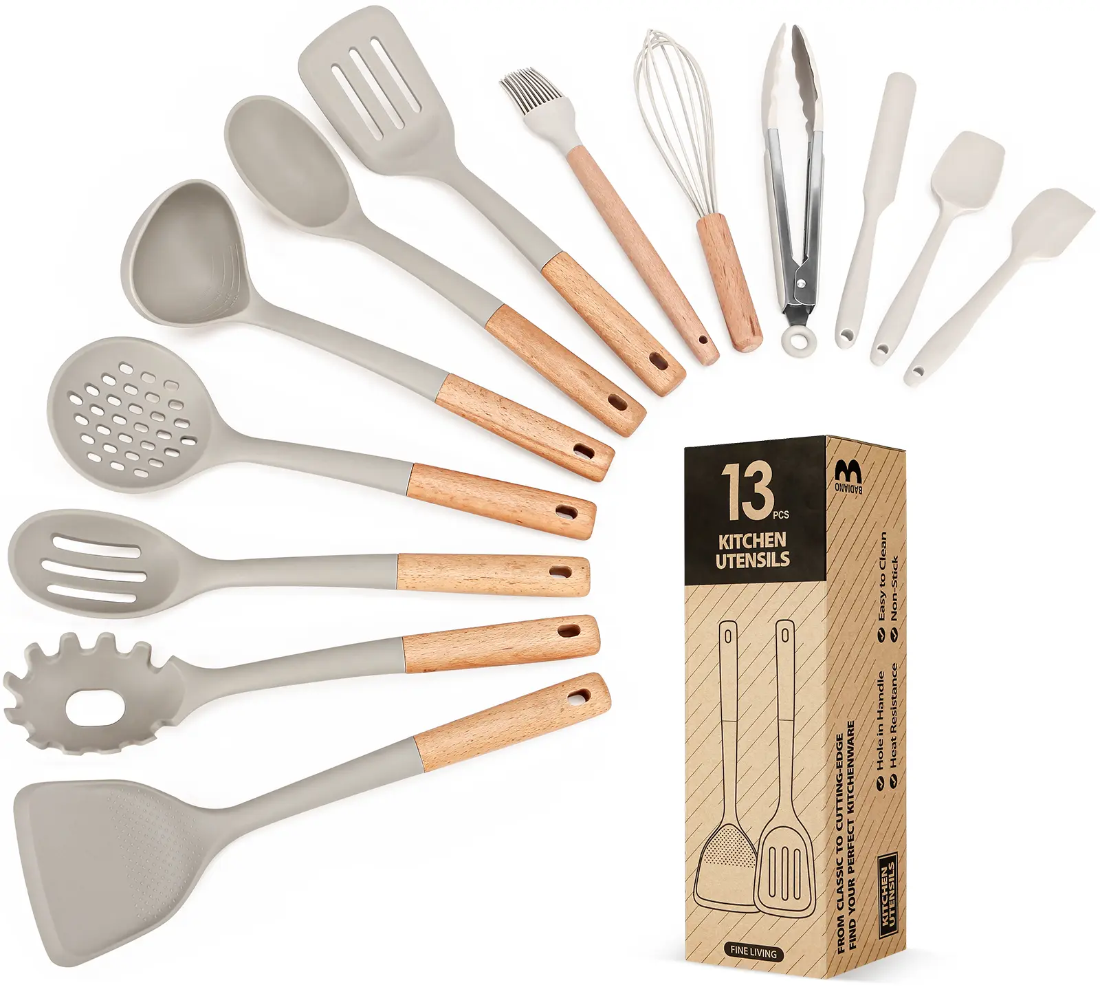 BADIANO Kitchen Utensils Set, 13PCS Silicone Cooking Utensils, Heat Resistant Kitchen Utensil Spatula Set for Nonstick Cookware, Wooden Handles Kitchen Gadgets Tools Set