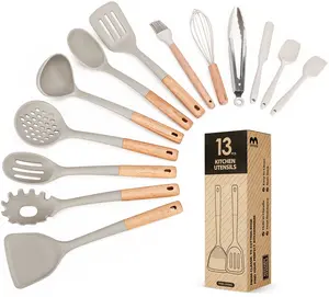 BADIANO Kitchen Utensils Set, 13PCS Silicone Cooking Utensils, Heat Resistant Kitchen Utensil Spatula Set for Nonstick Cookware, Wooden Handles Kitchen Gadgets Tools Set