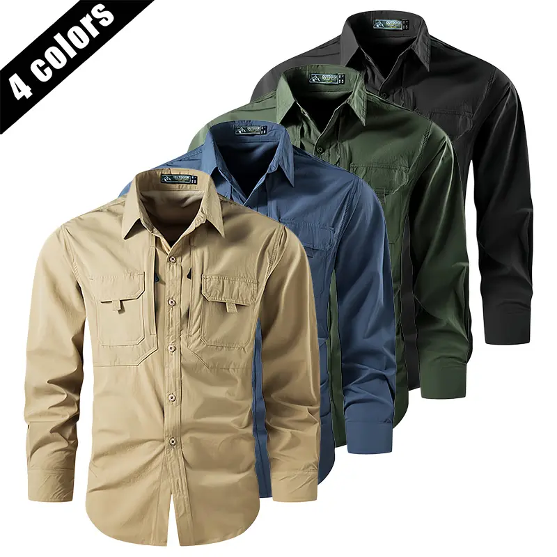 Men’s summer long-sleeve shirt, quick-dry tactical shirt, outdoor workwear, multi-pocket turn-down collar shirt, stretch shirt, casual top, button-up turn-down collar shirt