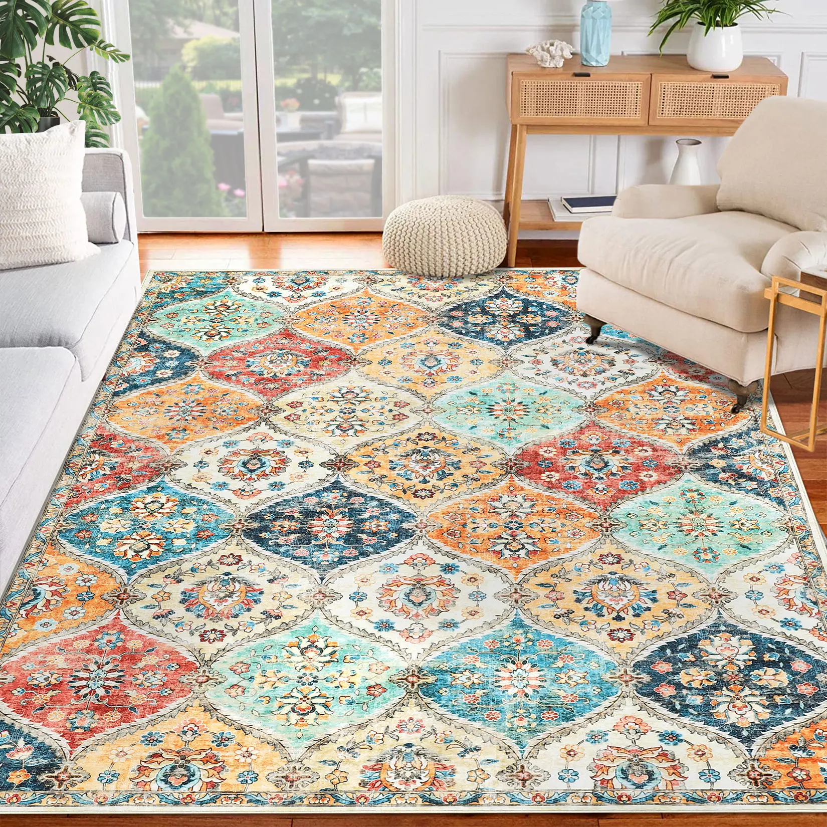 Multicolor Washable Carpet Vintage Print Carpet Distressed Floral Carpet Moroccan Style Carpet Anti-fouling Non-slip Easy to Clean Suitable for Living Room Bedroom Bedside Office Farmhouse