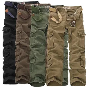 Men’s oversized tactical multi-pocket washed baggy cotton cargo pants, large size