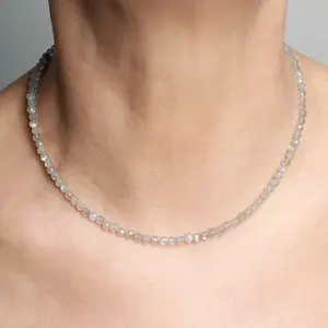 Natural Crystal Gemstone 2mm Faceted Bead Tiny Natural Labradorite Beaded Dainty Simple Choker Necklace, Healing Crystal Waterproof Necklace, Women Boho Style Layering Stackable Necklace, Christmas gift, Birthday gift, Gift for mother , Couples gift