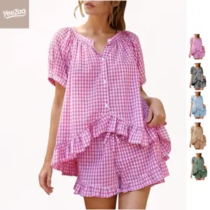 YeeZaa Women's Gingham Pajamas Set 2 Piece Shorts Sets Pj Sets Pjs 100% Cotton Puff Sleeve Ruffle Babydoll Shirt & Plaid Shorts Maternity Pregnancy Button Down Checkered Sleepwear Lounge Outfits 2026 Summer Sets #Summervibes