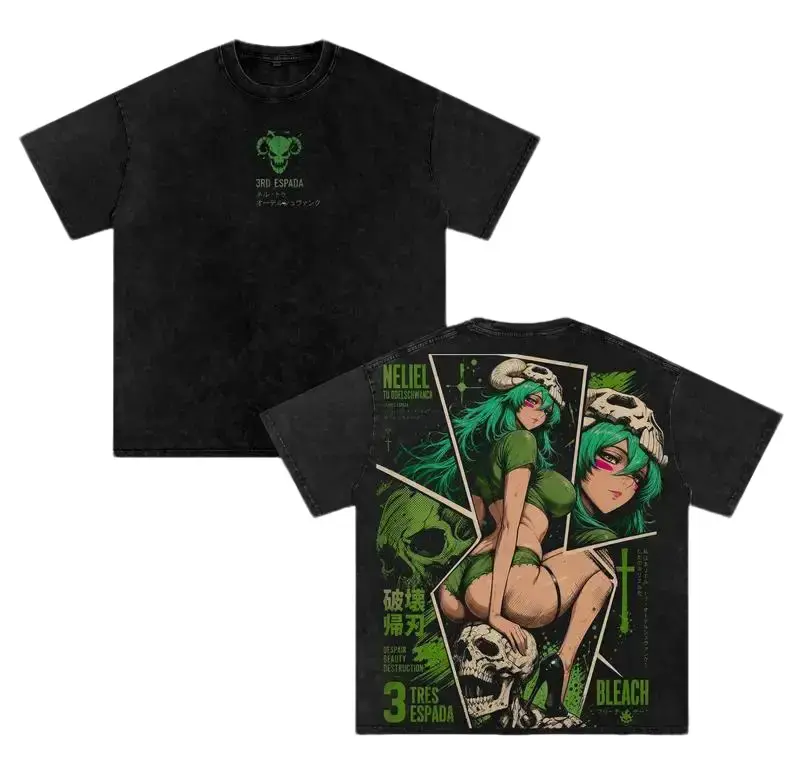 Neliel Tu Odelschwanck Bleach Anime Double Printed Vintage Washed Tee Unisex Oversize Heavyweight Cotton T-shirt for Anime Fans and Lovers