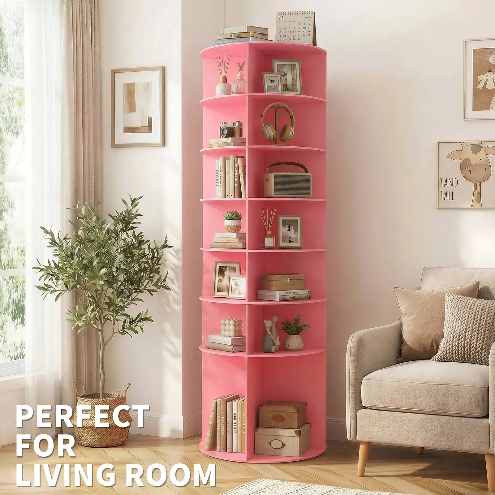 7-Tier 360° Rotating Shoe Rack, Wood-Plastic Composite Freestanding Spinning Shoe Storage Tower, Multi Grid Vertical Organizer Shelf For Shoes Handbags Hats Toys, Space Saving Entryway Rotating Display Cabinet