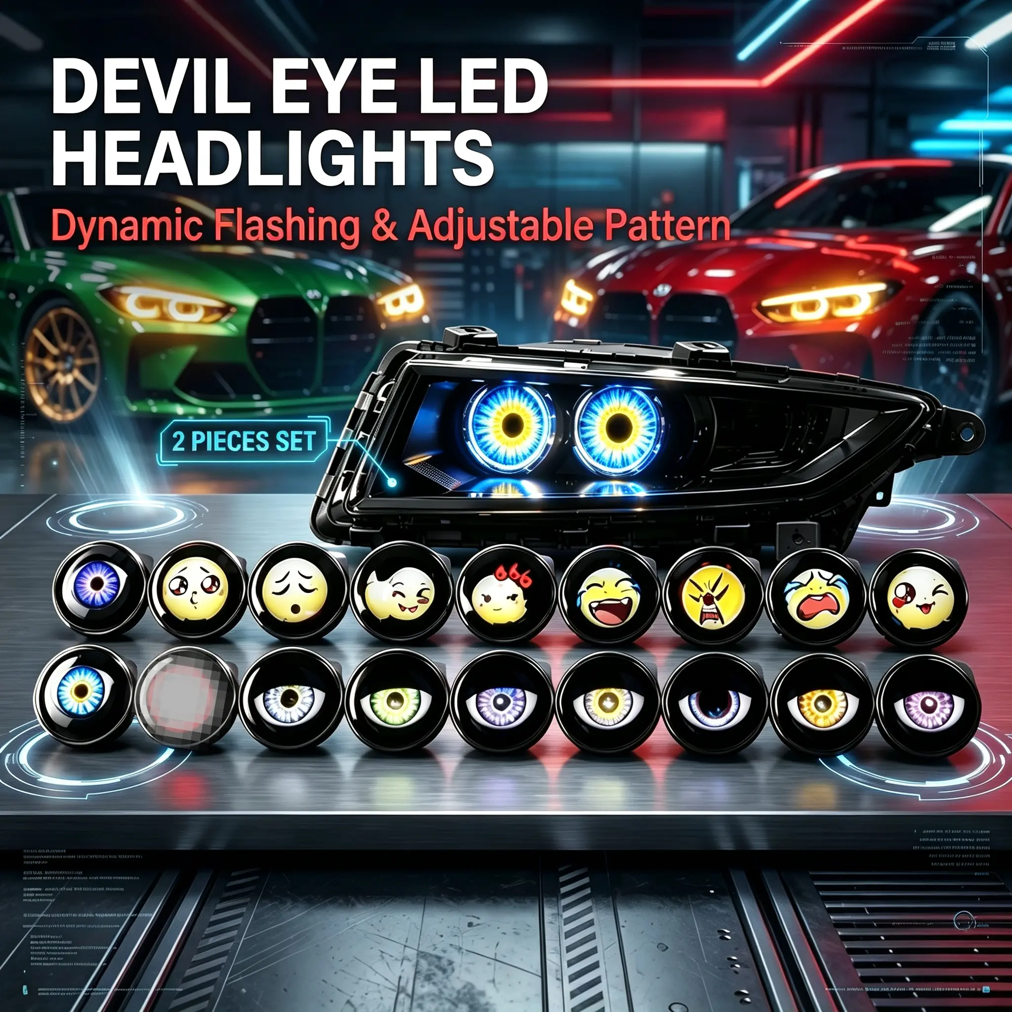 Dynamic Devil Eyes LED Car Headlight Bulbs (2 Pieces), 12V 0-49W Adjustable Pattern, Dynamic Flashing LED Headlamps Bulbs, Car Lighting Upgrade Stylish Accessory for Cars & Motorcycles
