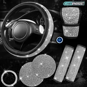 CAR PASS 7pcs Bling Car Accessories for Women,Sparkly Rhinestone Diamond Steering Wheel Cover,Belt Cushion,Glitter Shift Knob Cover,Cup Holder Coaster