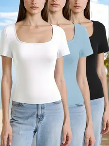 Women's Summer Casual Everyday Basic Square Neck Plain Solid Short Sleeve Tops, 3 Piece Set, Fitted Style, Home Wear, Comfortable and Stylish