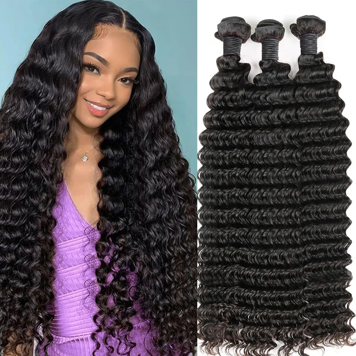 Datanala Deep Wave Hair Bundles for Black Women 12A Grade Unprocessed Deep Wave Human Hair Bundles Wet and Wavy Hair Bundle Weave Extensions Natural Black