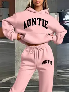 Women's Hooded Sweatpants Set, Fall & Winter Warm Clothing, Auntie Letter Print Casual Style, Loose Fit, Geometric