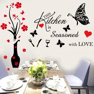 Kitchen Wall Decor Stickers Kitchen Quotes this Kitchen is Seasoned with Love Red Heart Butterfly Wall Sticker Removable Wall Decals Vase Wall Art Sticker for Dinning Room Kitchen Restaurants Home Wall Decorations.