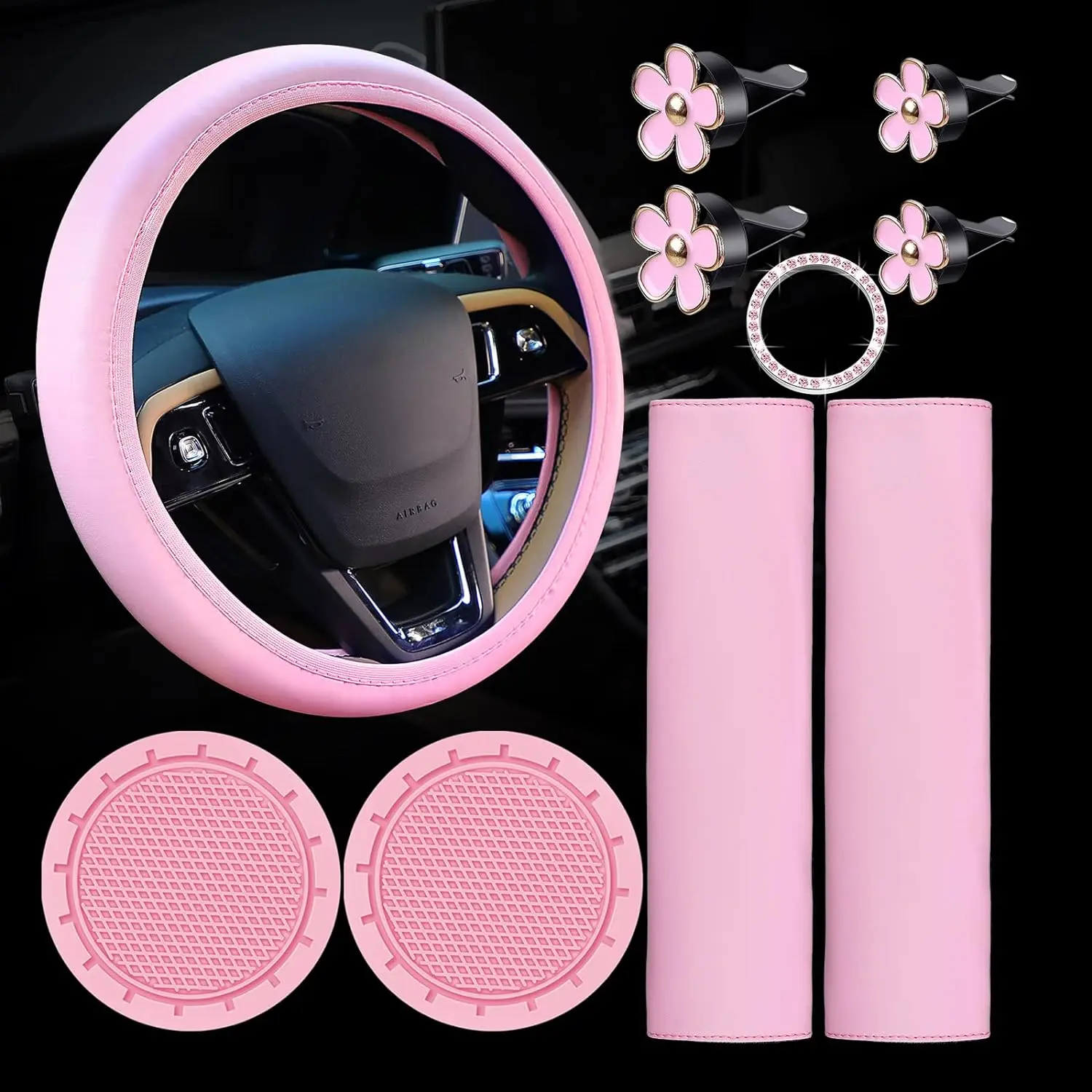 Women's 10-Piece Girly Cute Car Interior Decoration Bundle Pack - 14.5-15.5in Stretchy Not Too Tight Leather Steering Wheel Cover, Seat Belt Pad, Cup Holder Sticker, Start Button Ring, Air Vent Clip (Multi-Season Fit)