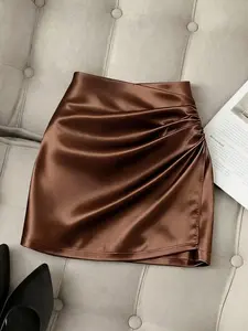 Women's Satin Mini Skirt, High Waist Pleated Wraparound Bodycon Dress, Pure Desire Hot Girl Style, Suitable for Office and Dates