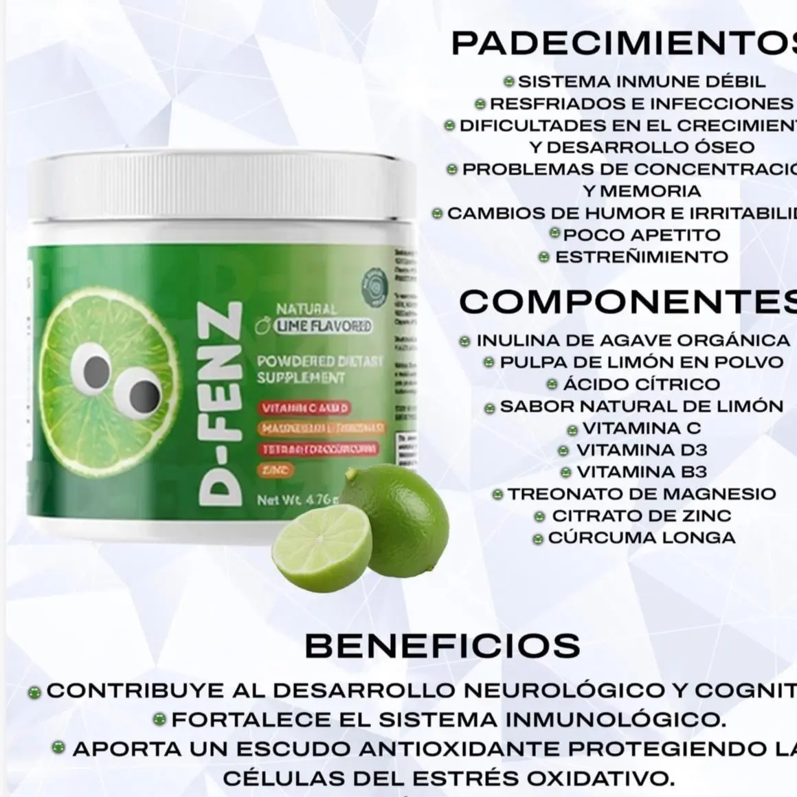 D-Fenz Kids Lime-Flavored Immune & Energy Drink with Vitamins C & D Zinc Niacin Magnesium L-Threonate Turmeric Extract & Inulin for Children