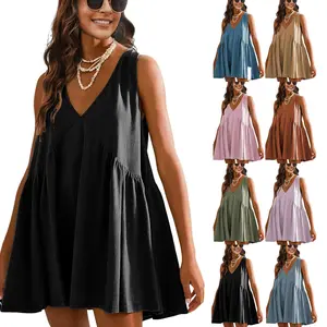 Women's Summer Sleeveless Mini Dress Casual Loose V Neck Sundress with Pockets