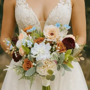 Earthy Artificial Bridal Bouquet with Soft Blue Accents – 16” Wide, 14” Tall